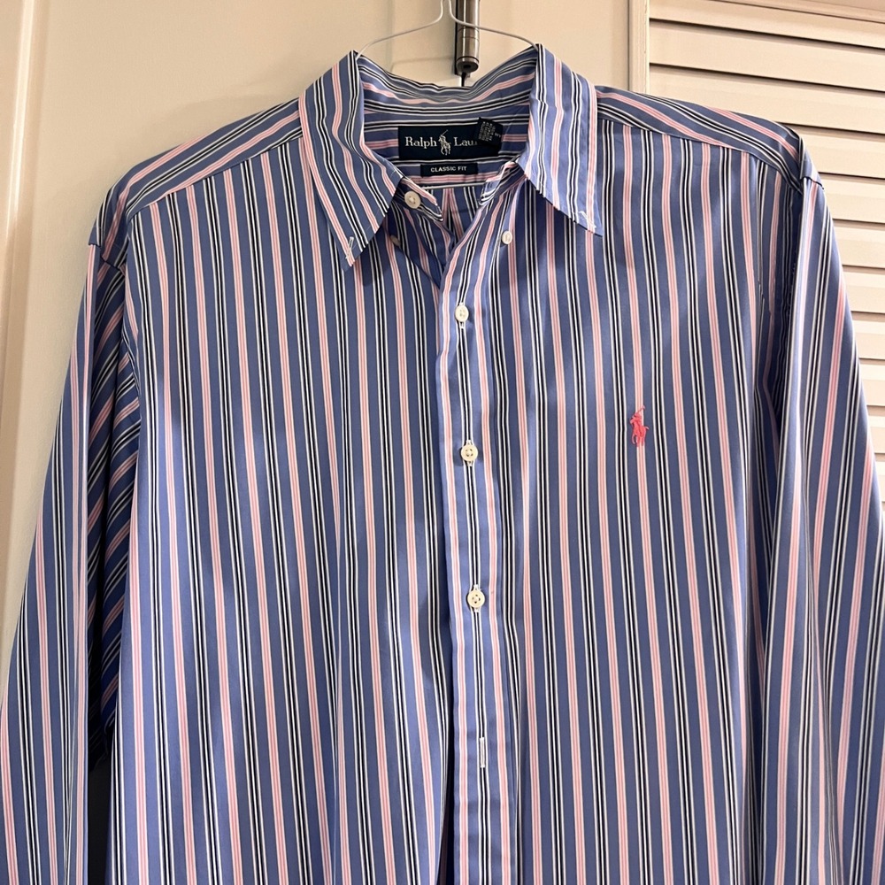Ralph Lauren Button Down Mens XL Blue Pink Striped Good Classic Fit Long Sleeve